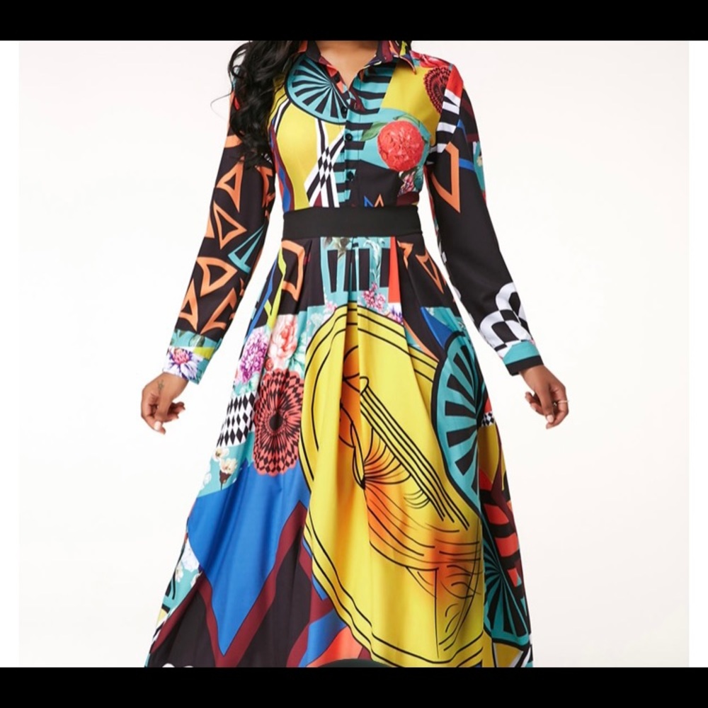 Rosewe Printed Button Up Long Sleeve Turndown Collar Beautiful Multicolor dress